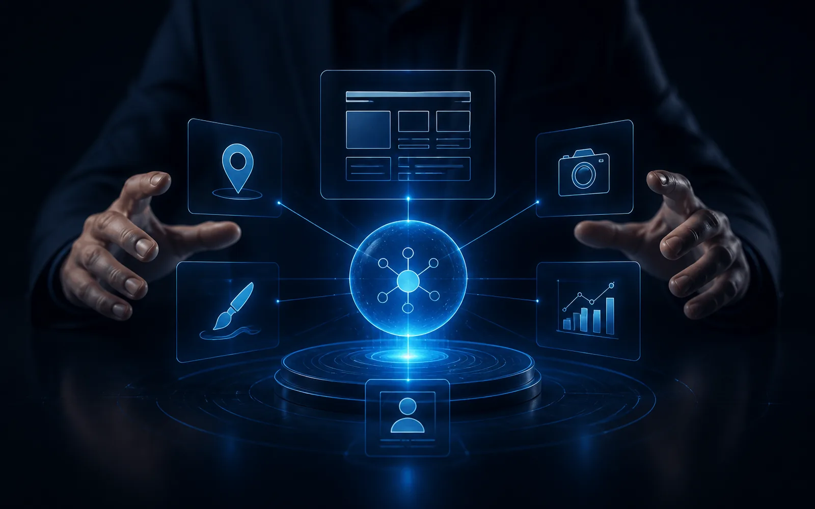 Hub estratégico conectando projetos digitais personalizados sob demanda